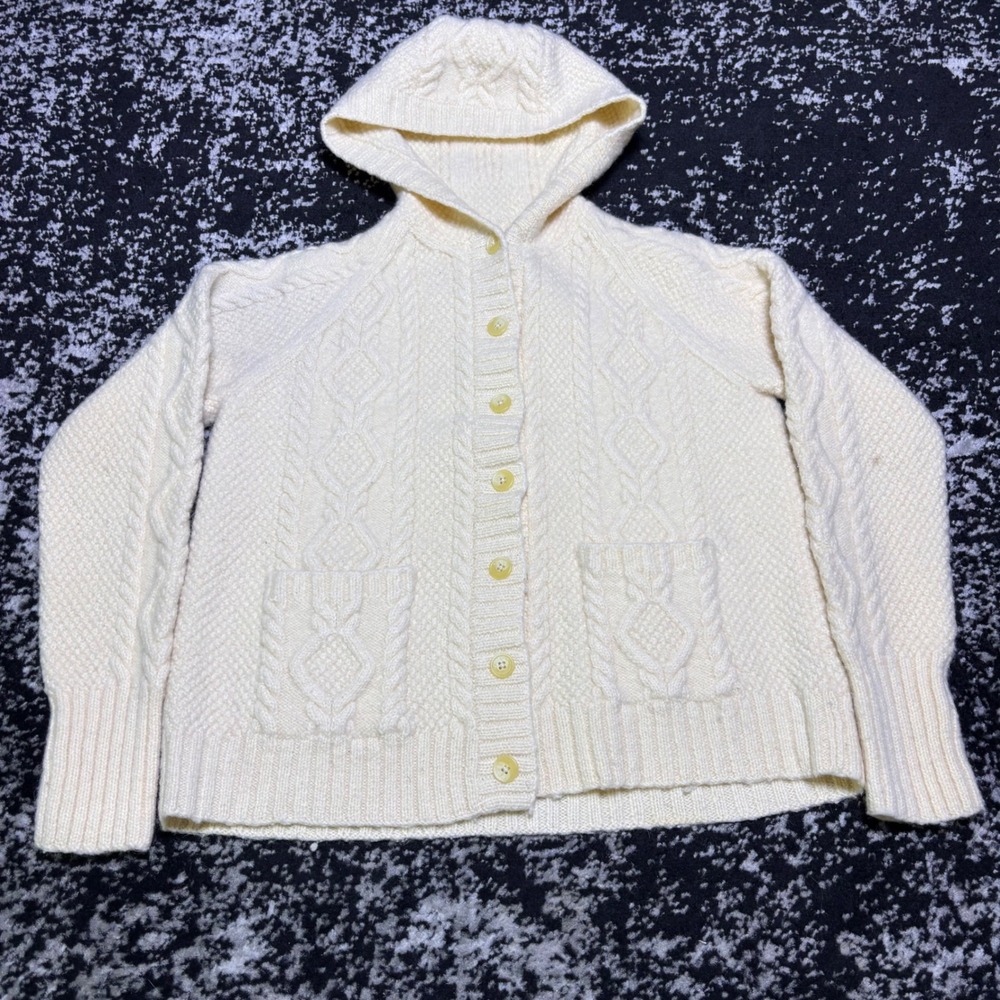Vintage Lauren Ralph Lauren Hand Knit Wool Cable Cardigan Hooded Sweater Cream L - Picture 1 of 8